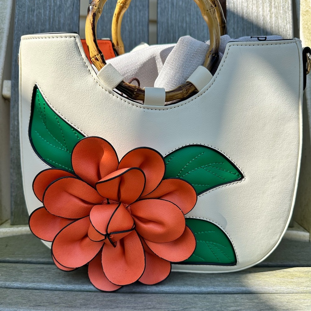 White and Orange Shoulder Bag with Floral Accent